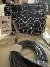 New With Tags Black and Silver Beaded Evening Bag w. Silver Chain  Black Strap