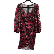 Little Mistress Lucia US 8 Long Sleeve Floral Satin Dress Pink Gold Cocktail