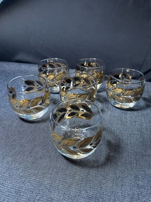 Vtg MCM Set of 6 FEDERAL GLASS Black/Gold Laurel Leaf Roly Poly Barware Glasses