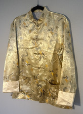 Chinese Gold Dragon Phoenix Brocade Jacket Mandarin Collar Frog Closure Asian