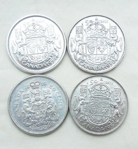 Lot of 4 Canadian Silver Half Dollars 1950, 52, 56, 59