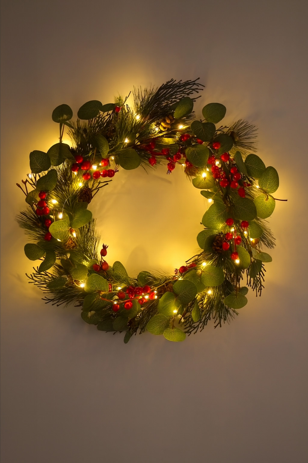 Eucalyptus Wreath for Front Door,20" Red Berries Christmas Wreath with Pine Cone