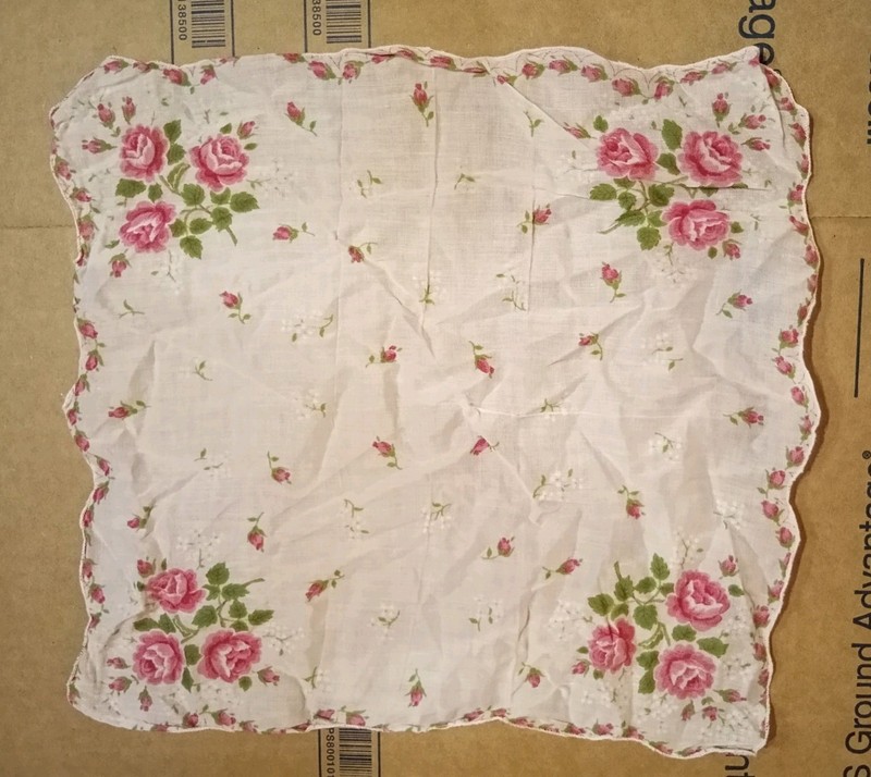 Vint Pink Rose Handkerchief Scalloped Edge 11.5” Cottagecore Floral, EXCELLENT! 