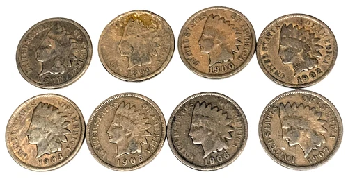 C7178 U.S. INDIAN  CENT  8 COINS,  1897, 99, 1900, 02, 03, 05, 06, 07