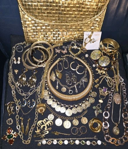 Vintage 49PC Lot~Gold Purse Jewelry~Crown Trifari*J Strongwater*1928*Avon*Monet*
