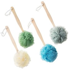 4 Pack Large Bath Puff Loofah Sponge With Long Handle Shower Loofah, Bath Bod...