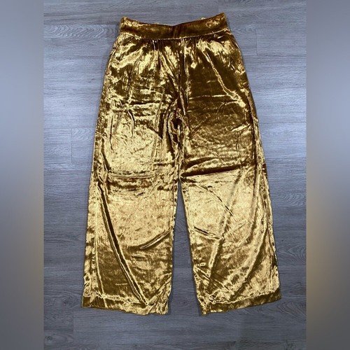 Anthropologie Maeve Anastasia Wide Leg Crushed Velvet Pant Stretch Waist Gold - Picture 4 of 8
