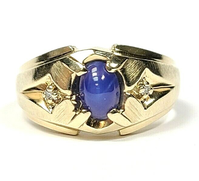 Vintage SKAL Blue Lindy Star Sapphire and Diamond 10k Yellow Gold Ring Size 