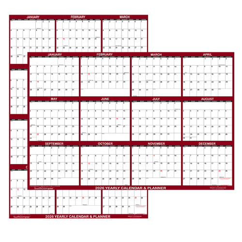 24x36 SwiftGlimpse 2026 Large Wall Calendar, Paper Folded, Yearly Planner-Maroon