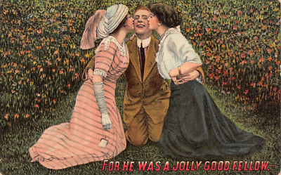 Two Pretty Ladies Kissing One Man-For He Was A Jolly Good Fellow-Old