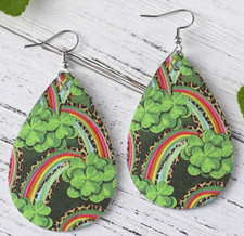 Rainbows W/Shamrocks Clover Earrings Silver Tone - St. Patty's Day Irish