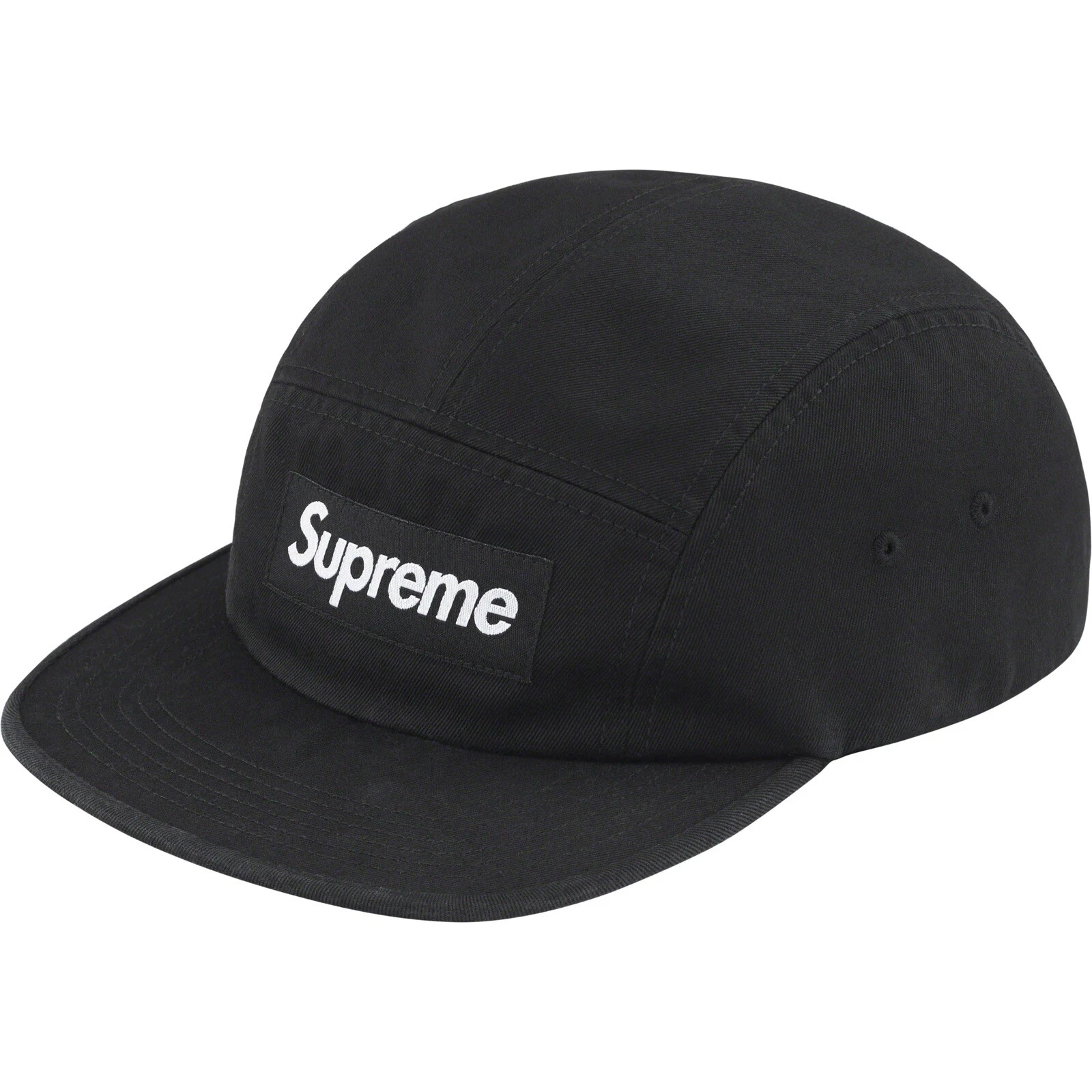 Casquette de camp sergé chinois lavé Supreme noire (FW23) en main, livraison gratuite le lendemain