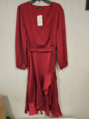 Fashion Womens 2023 Satin Long Sleeve V Neck Ruffle Maxi Dress Casual Tie