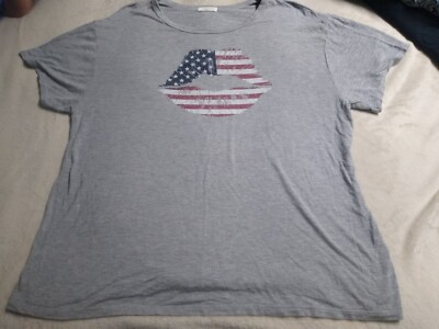 12PM By Mon Ami Womens Large Top T Shirt Gray American Flag Logo Lips