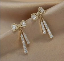 Vintage Gold Bow Rhinestone Dangle Glamour Dress Wedding Stud Earrings