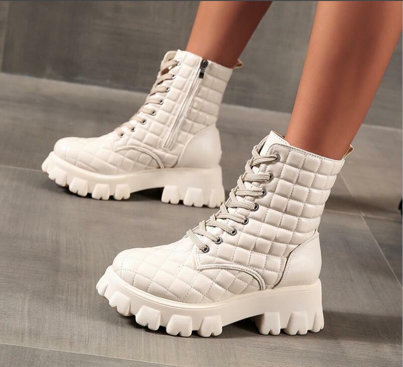 Womens 2021 Fashion Faux Leather Quilted Platform Lace Up Combat