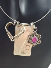 Vintage Sterling Silver Love For Life Pink Glass Flower Heart Necklace 15 Grams