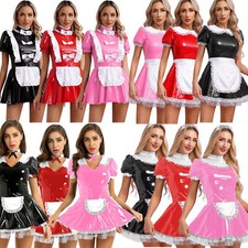 DE Damen Glänzendes PVC Leder Maid Kleid Outfit Halloween Französisch Cosplay