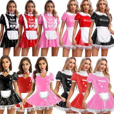 IEFIEL DE Damen Glänzendes PVC Leder Maid Kleid Outfit Halloween Französisch Cosplay
