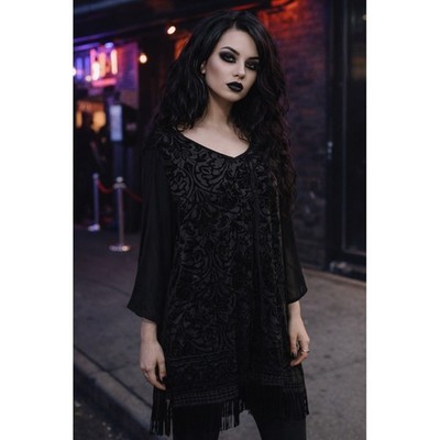 Catherine's Black Velvet Burnout Damask Fringe Tunic Top 2X 22/24W Dark Floral