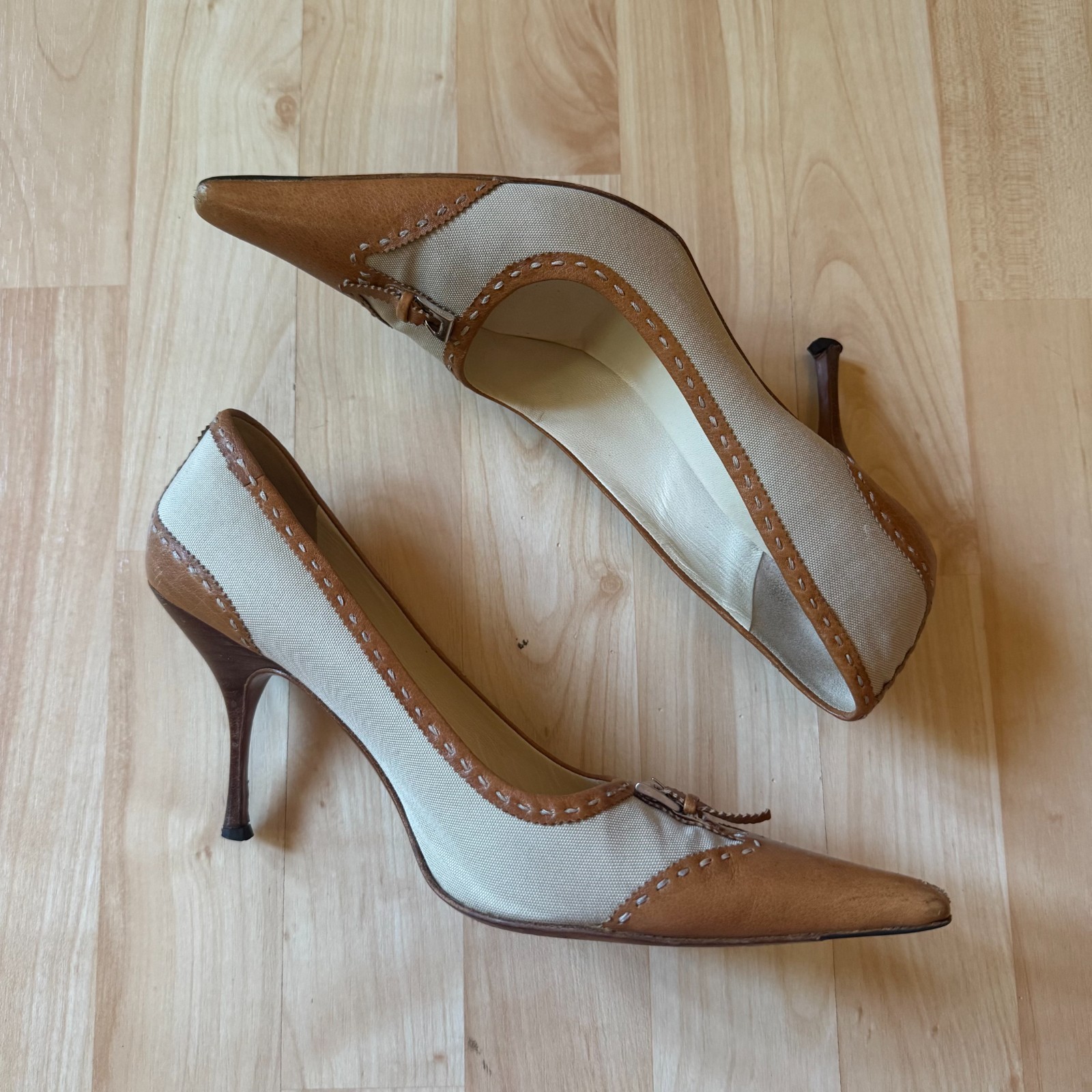 Prada Made in Italy Two-Tone Canvas Leather Spectator Pointed Toe Pump Stiletto