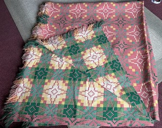 Vintage walisische Wolle Wende Gobelin Decke/Überwurf rosa gelb grün & creme