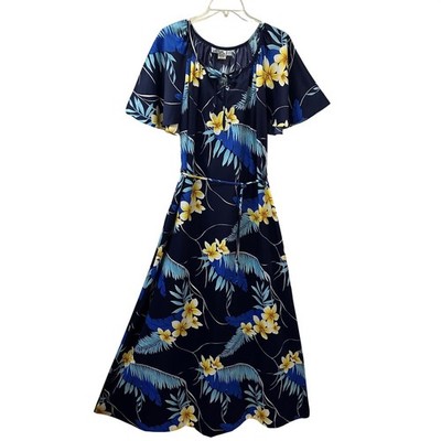 Vtg Hilo Hattie Hawaiian Maxi Dress L Navy Blue Floral Flutter Sleeve Style 622