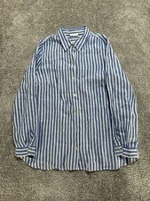 J Jill Shirt Women 8 White Blue Striped Love Linen Button Front Collar 