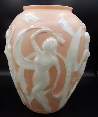 VTG Phoenix Glass Sculptured Artware Dancing Nudes 11 1/2'' Vase c. 1930