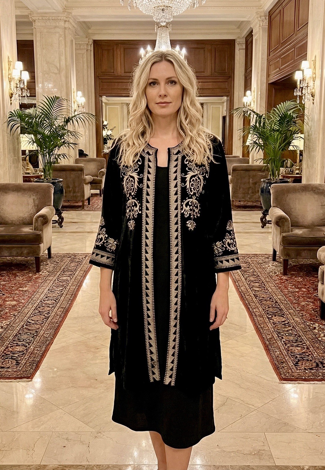 Johnny Was L Long Black Velvet Kimono Wrap Jacket Duster Embroidery $595 Ret NWT