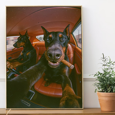 Funny Doberman Dog Smoking Cigar In Car Poster Cool Animal Wall Art, Noframe