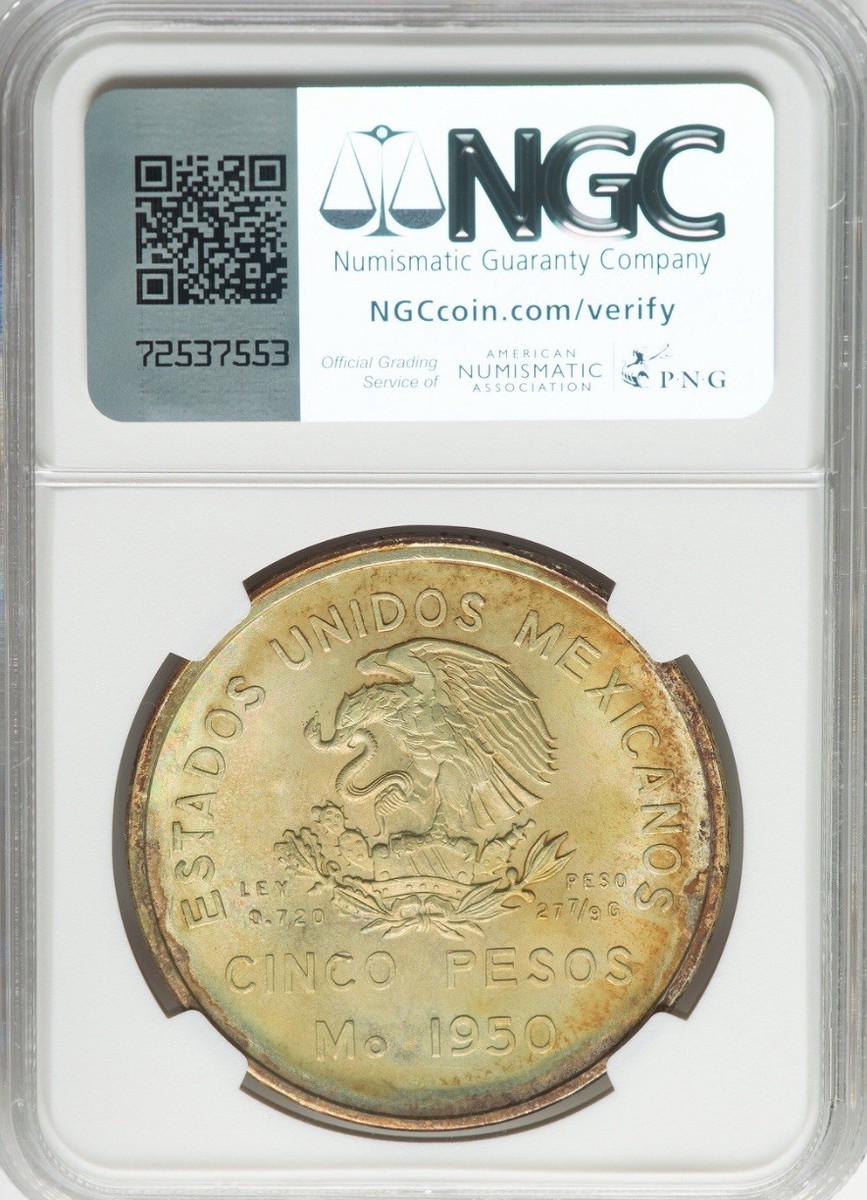 1950-MEXICO SILVER 5 PESOS-SOUTHEASTERN RAILROAD-NGC MS 64
