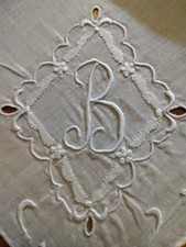 Vgt B Monogram White Embroidery White Linen Hankie Handkerchief