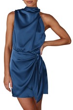 Women's Short Satin Dress Summer Sleeveless Mock Neck Tie Waist Cocktail Dress
