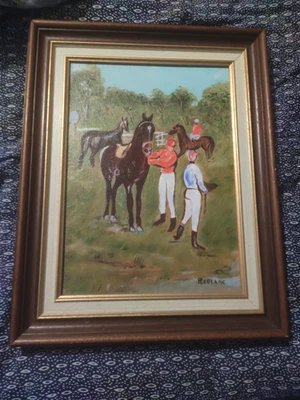 ancien tableau huile sur toile encadrement original scene de genre CHEVAL signé - Photo 1/4