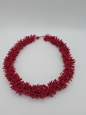 Red Beaded Necklace Multi Strand Seed Bead Cluster Chunky Statement Collar 10"