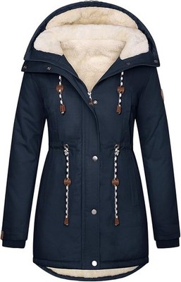 Damen Parka Jacke Mantel Winter Fleece gefüttert Kapuze Thermo Navy Large