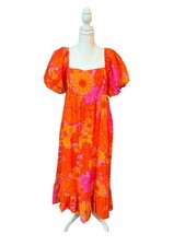 J Marie Floral Puff Sleeve Midi Dress Large Orange Pink Retro Boho NWT $150