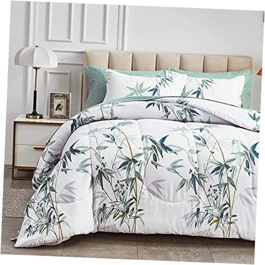 7 Pieces Bed in a Bag Queen Comforter Set with Queen-7 Pieces Green Leaves