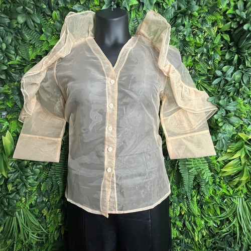 HESPERUS Tops Women Large Beige Sheer Button Ruffle Statement Blouse 0144 - Picture 2 of 6