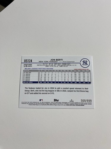 2024 Topps Update Series Jon Berti Blue Holo Foilboard /999 - Picture 2 of 3