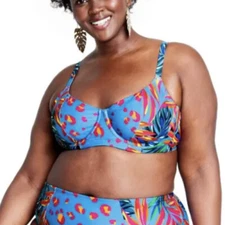 Tabitha Brown Women's Tropical/Leopard Underwire Bikini Top 14W Plus Blue Pink