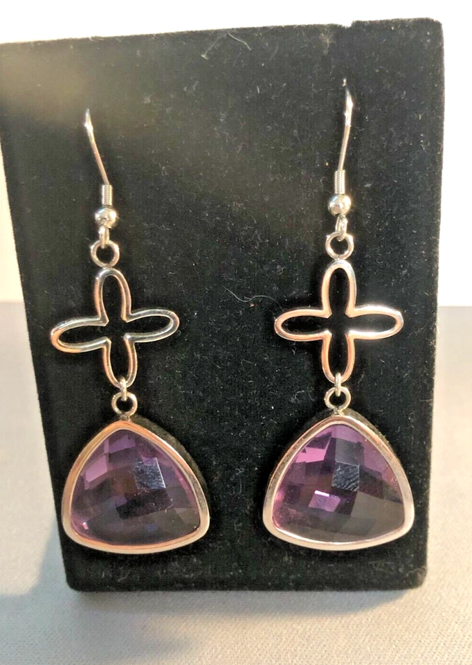 Pendientes grandes cincel acero inoxidable amatista sintética corte vidrio 22 mm ancho NUEVO Foto 3 de 4