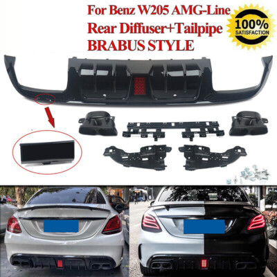 B STYLE LED BUMPER DIFFUSER + BLK EXHAUST TIPS FOR 15-21 BENZ W205 C63 C43 SEDAN