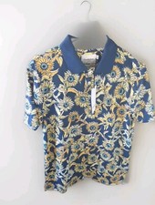 Goodfellow  Co Mens Medium Navy/Sunflowers Standard Fit Short Sleeve Polo Shirt