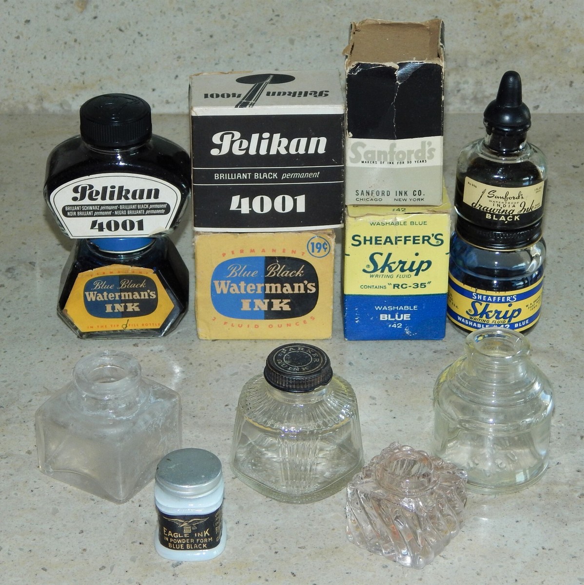 Vintage Fountain Pen Ink Well Bottle Lot Waterman's Pelikan Parker