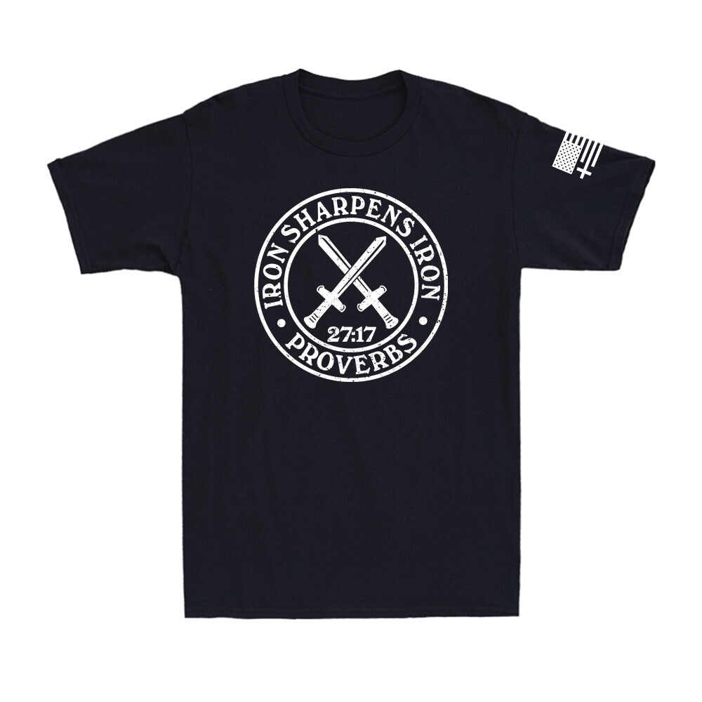 Iron Sharpens Iron Proverbs 27:17 Christian Faith American Flag Men's T-Shirt