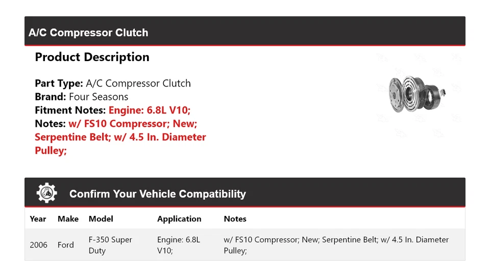 Embrague compresor aire acondicionado Ford F-350 Super Duty 2006 6,8 L V10 4 estaciones Foto 2 de 4