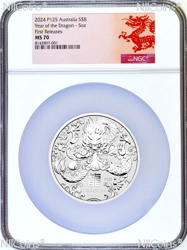 2024 P Australia Silver Lunar Year of the DRAGON 5oz $8 Coin NGC MS70 FR