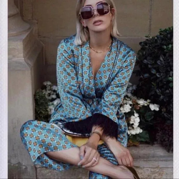 ZARA BLUE PRINT BLAZER KIMONO JACKET COAT WITH FEATHERS SIZE EXTRA SMALL XS NEW image 7